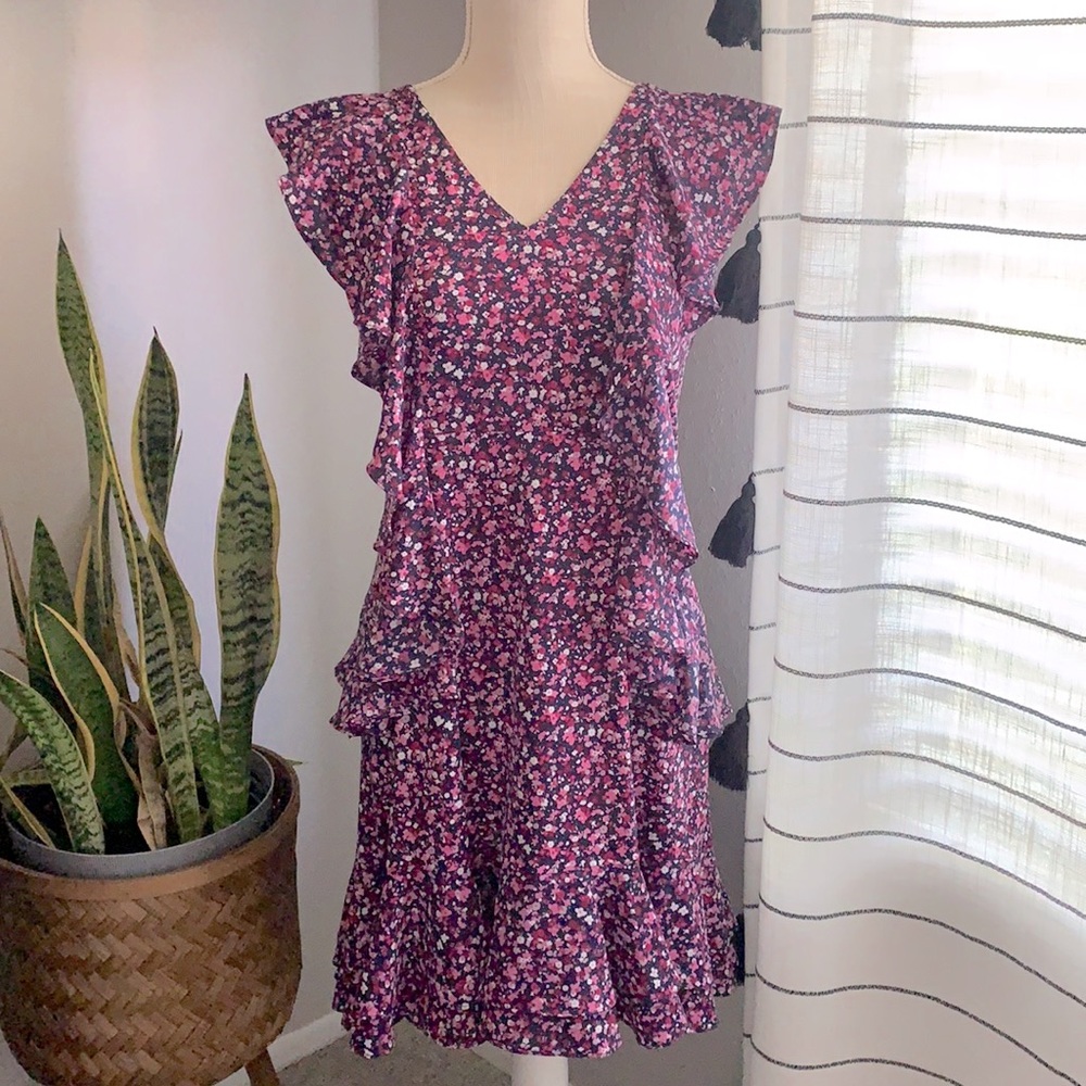 Michael Michael Kors Flirty Ruffle Midi Dress | Medium | Purple & Navy EUC